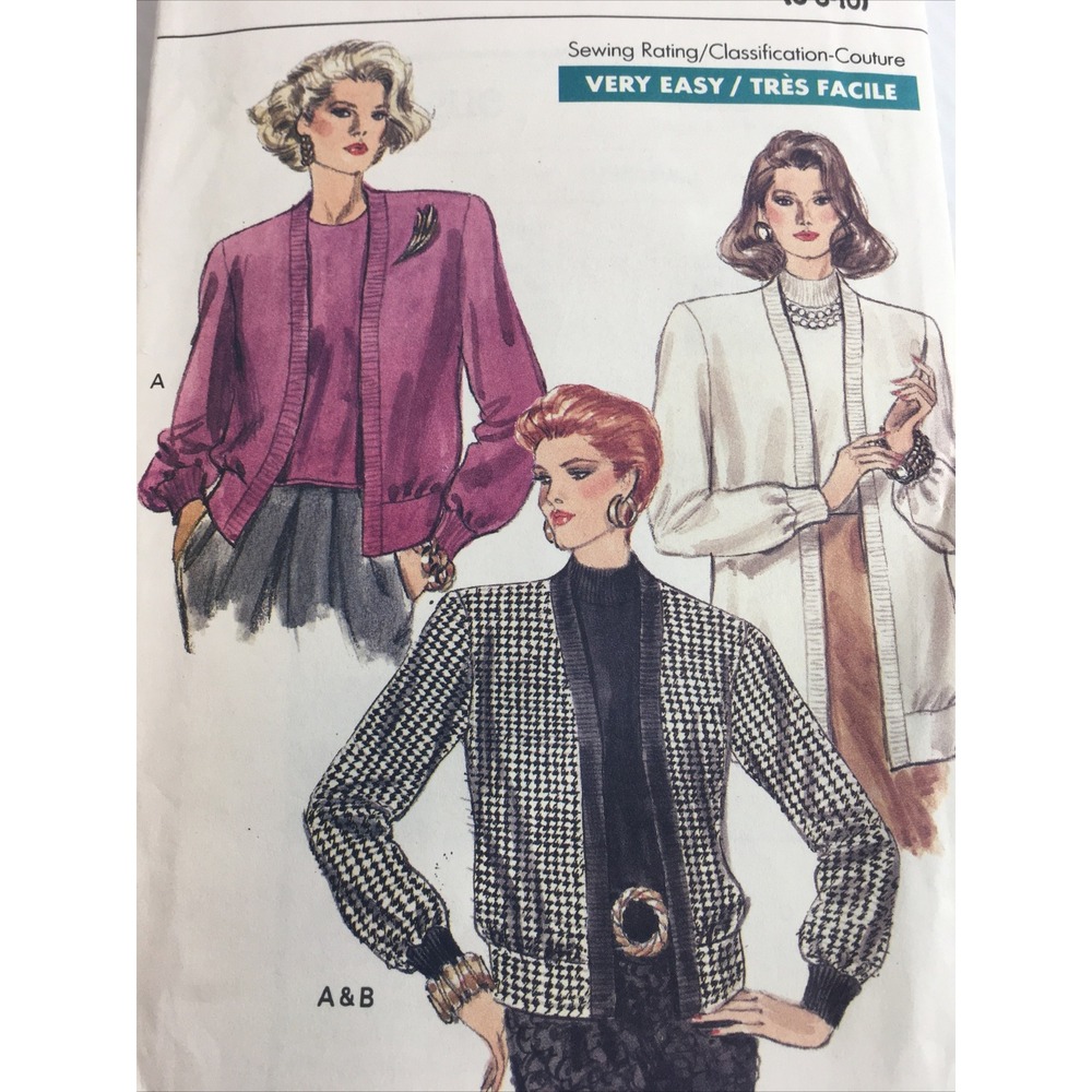 1988 Vogue 7362 VTG Sewing Pattern Womens Cardigan Sweater Top 6 8 10 Uncut